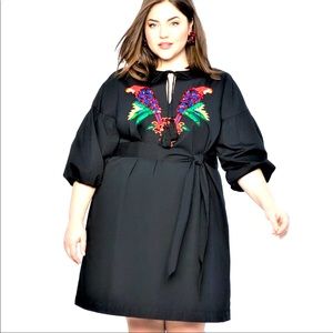 Eloquii dress with sequin birds, puff sleeve